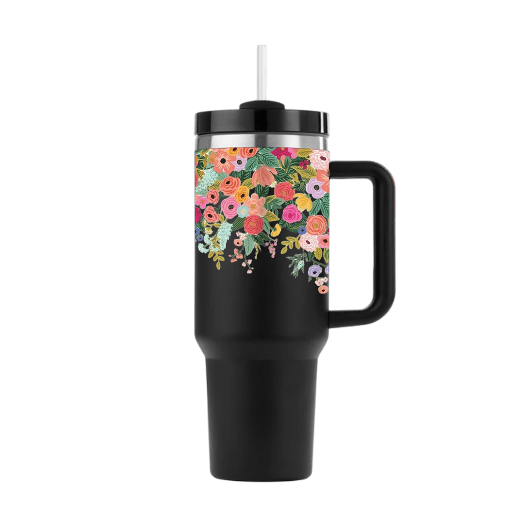 BotaniCup Tumbler with Straw & Lid - Memories InsiteCOLOURFULL MIX FLOWERS TUMBLER-(BLACK STAN)